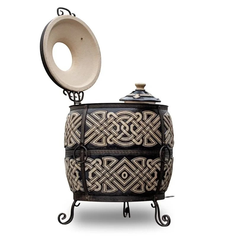Asia Trade Exclusive insulated tandoor oven with ornate black and cream ceramic patterns and a 3-in-1 lid system.