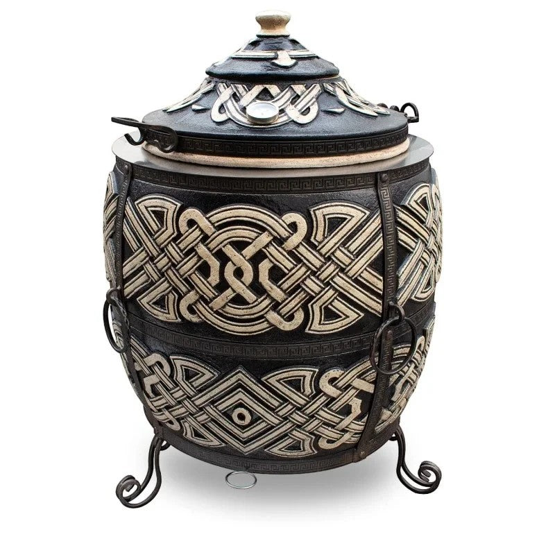 Asia Trade Exclusive insulated tandoor oven with black ceramic body, intricate decorative patterns, and lid.