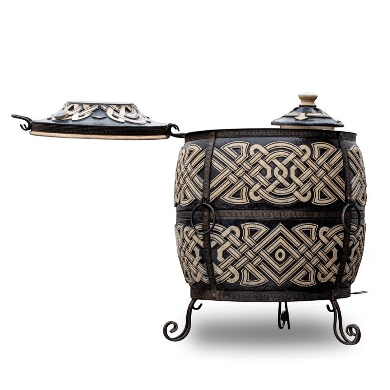 Asia Trade Exclusive insulated tandoor oven with ornate Celtic-style patterns and a 3-in-1 lid opening system.