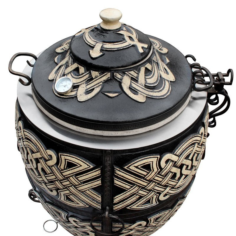 Asia Trade Exclusive insulated tandoor oven with black ceramic body, decorative patterns, and built-in thermometer.
