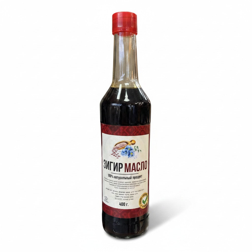 Asia Trade traditional 400ml flaxseed oil in a glass bottle for authentic Uzbek and Bukharan cooking