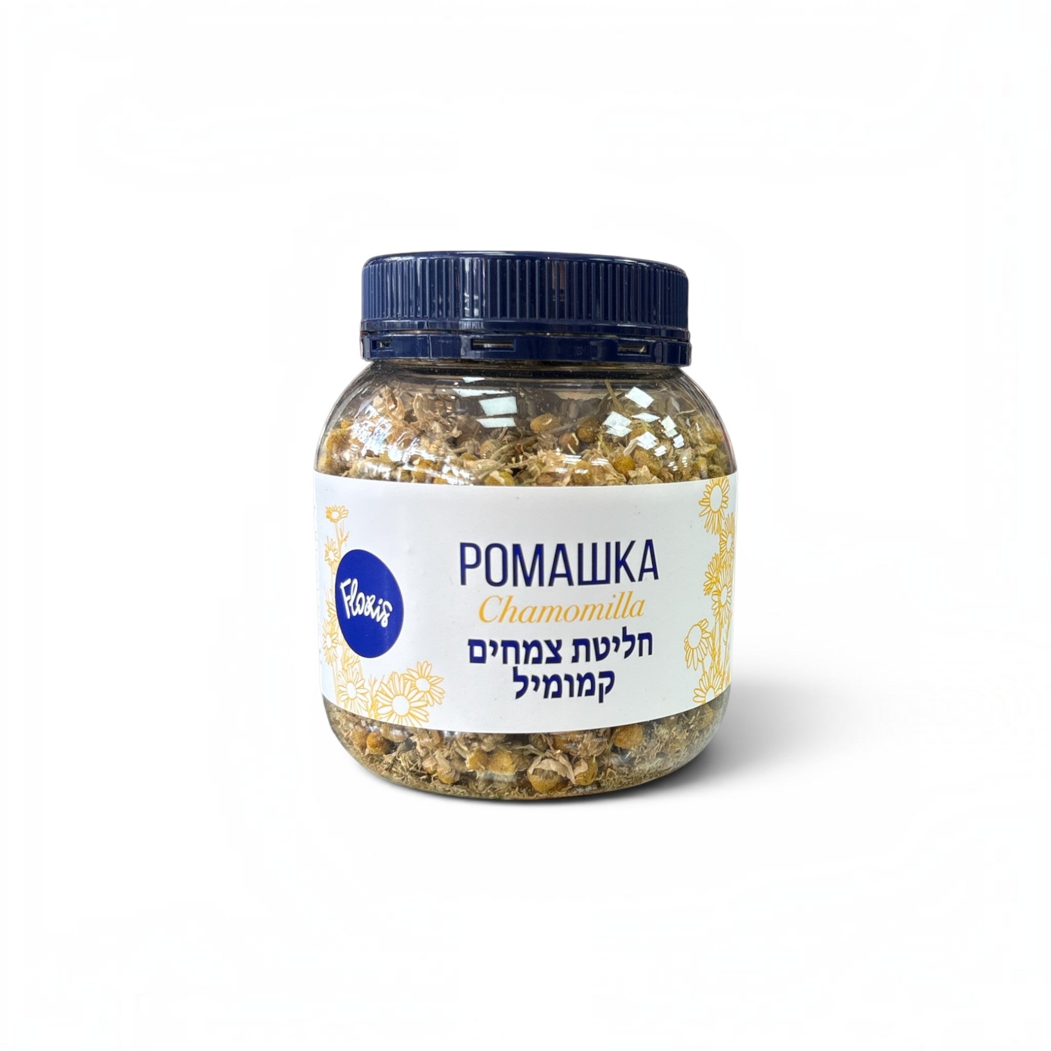 Asia Trade FLORIS dried chamomile flower herbal tea in a clear plastic jar with a blue lid