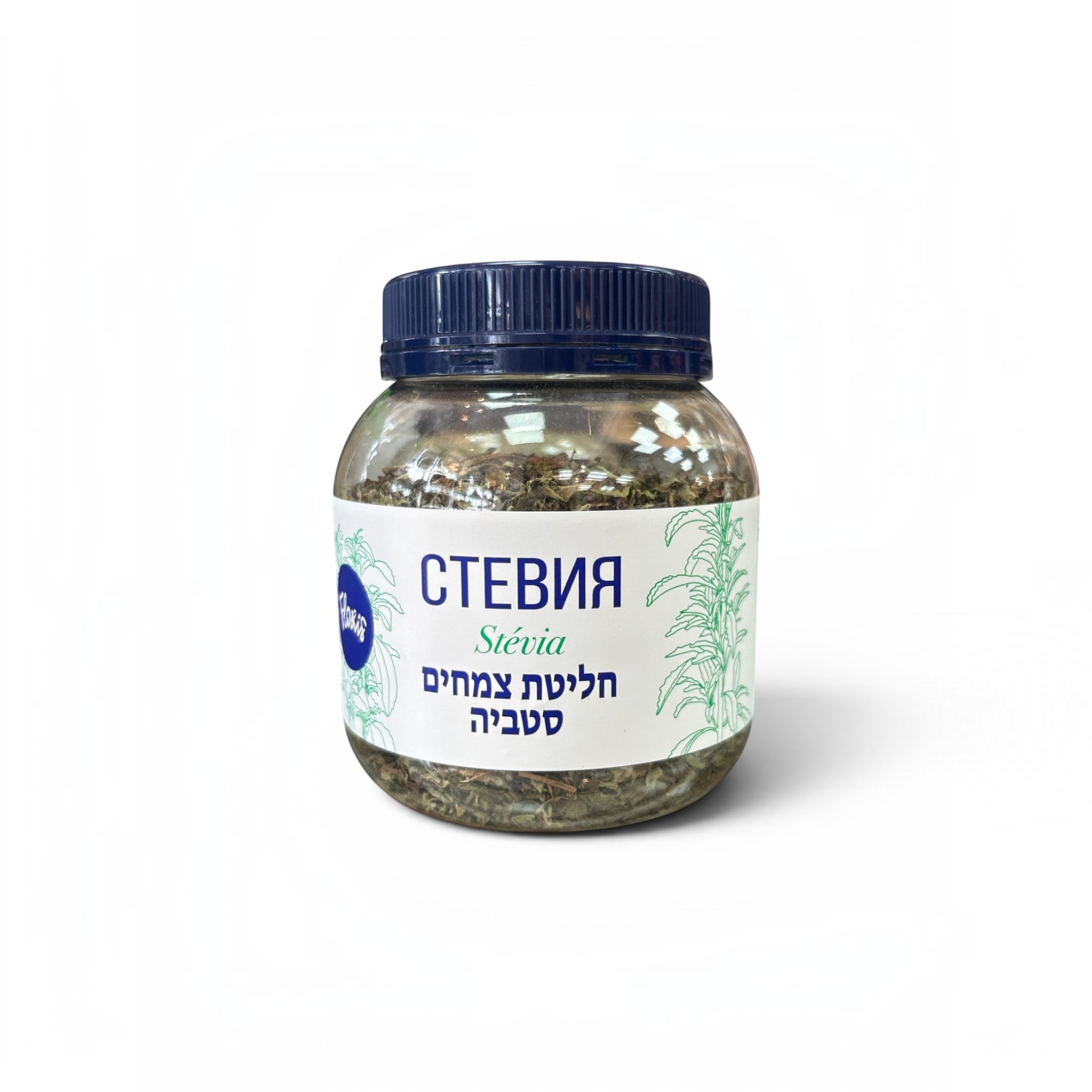 Asia Trade FLORIS dried stevia leaves herbal infusion in a clear plastic jar with a dark blue lid.