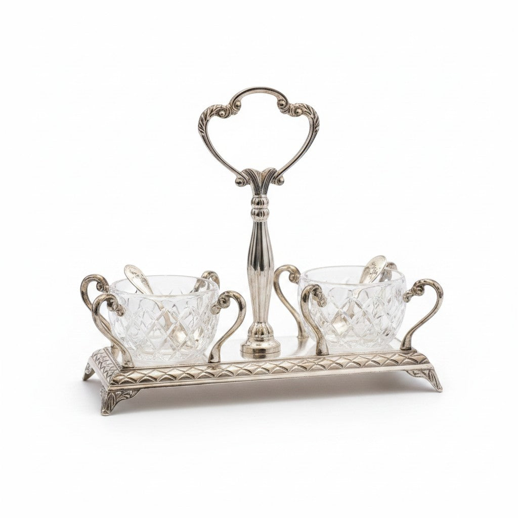 Asia Trade glass salt cellar set with ornate silver-tone metal stand and small spoons for holiday table settings