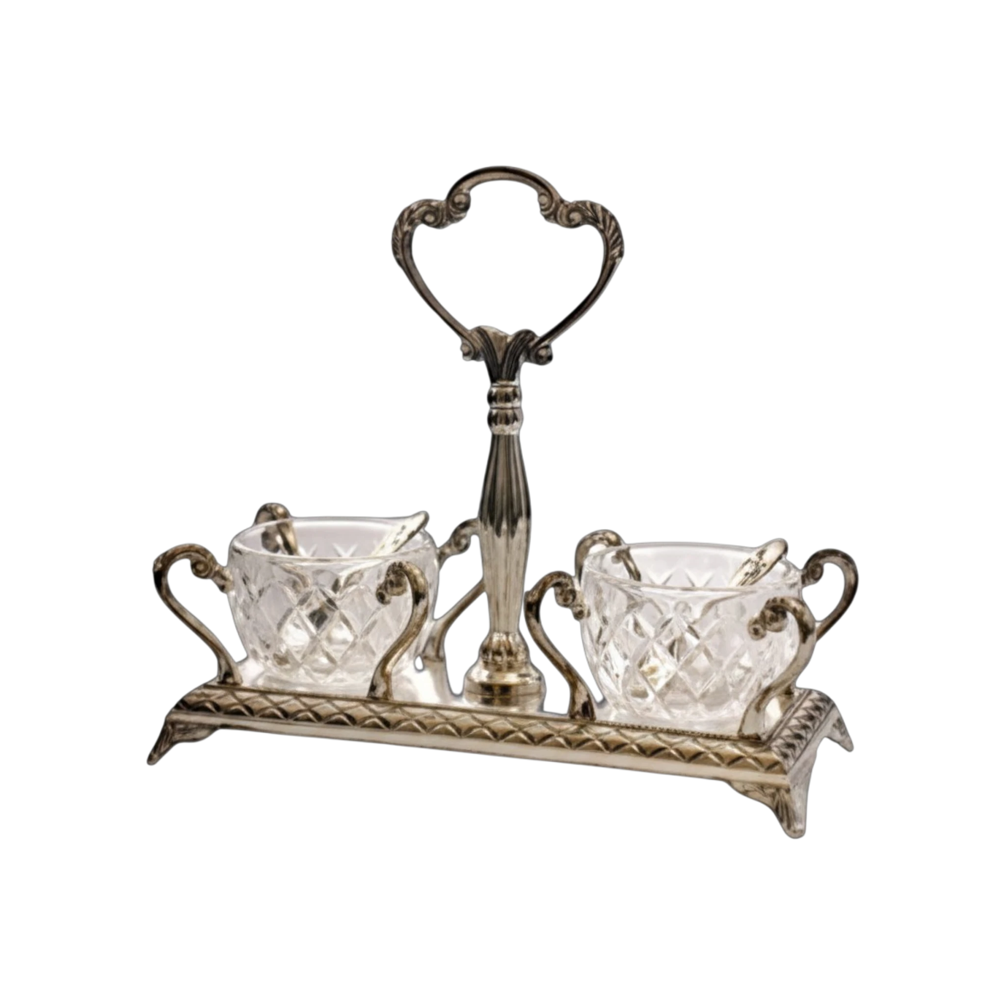 Asia Trade glass salt cellar set with ornate silver-tone metal stand and small serving spoons for Shabbat table