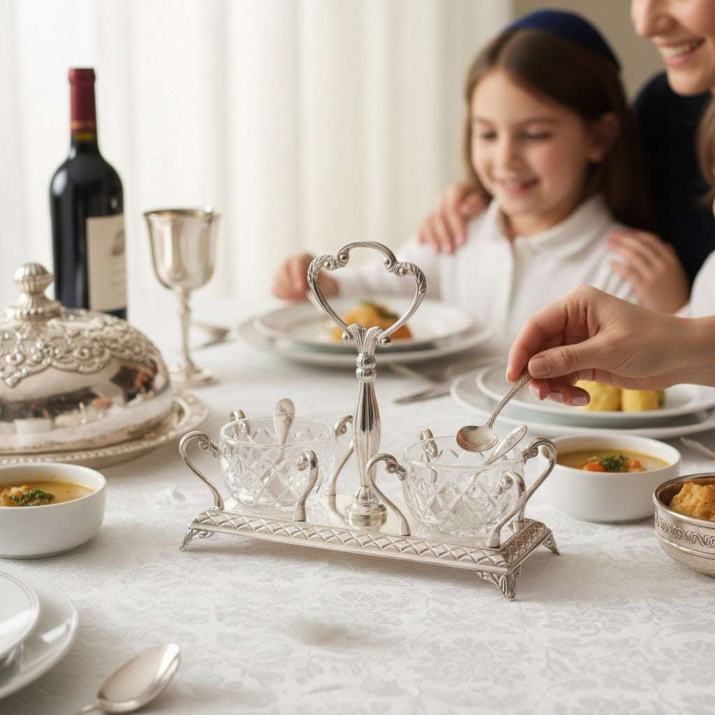 Asia Trade glass salt cellars with ornate silver stand on a festive Shabbat table setting with family