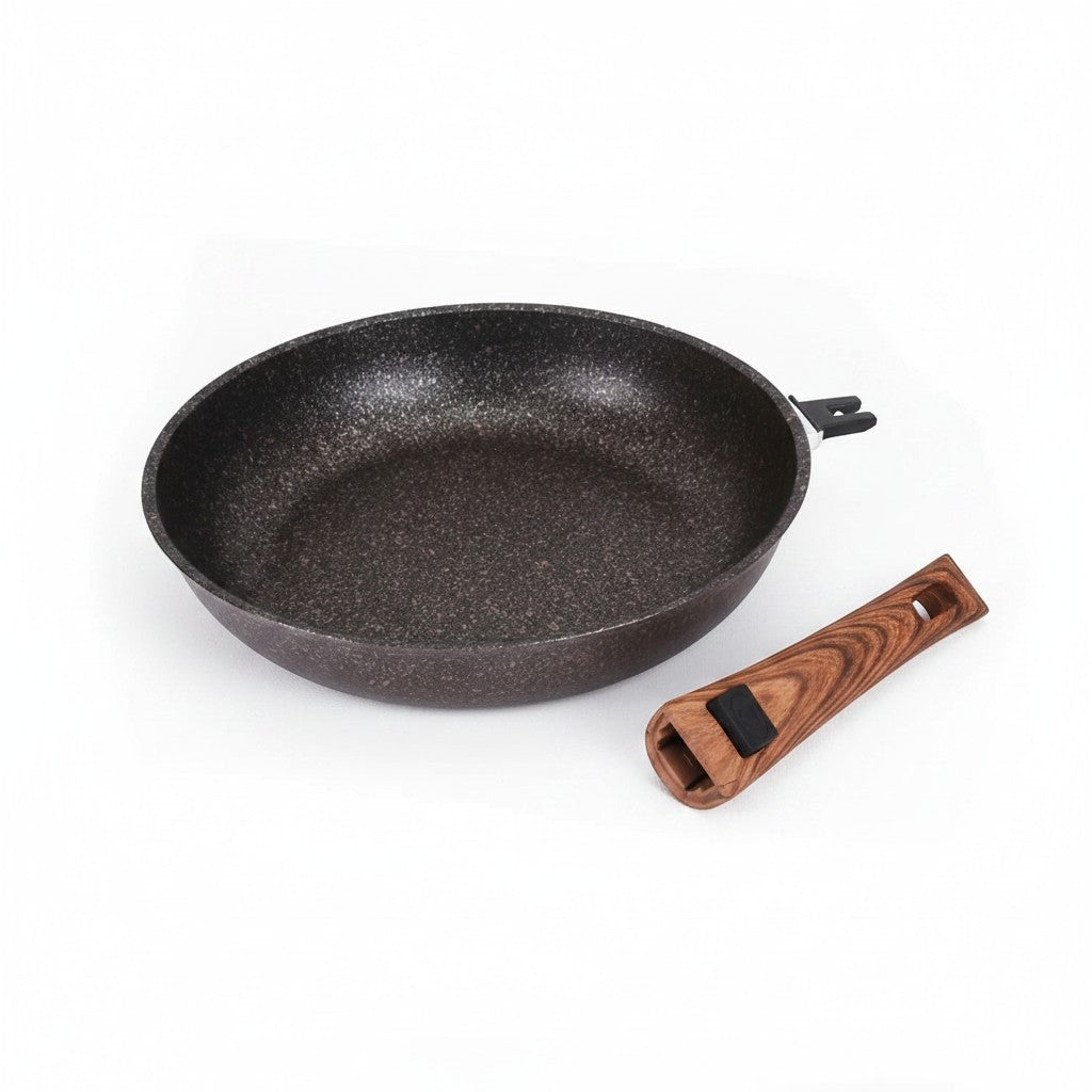Asia Trade 28cm cast aluminum non-stick frying pan with a detachable wood-effect handle and granite-textured finish.