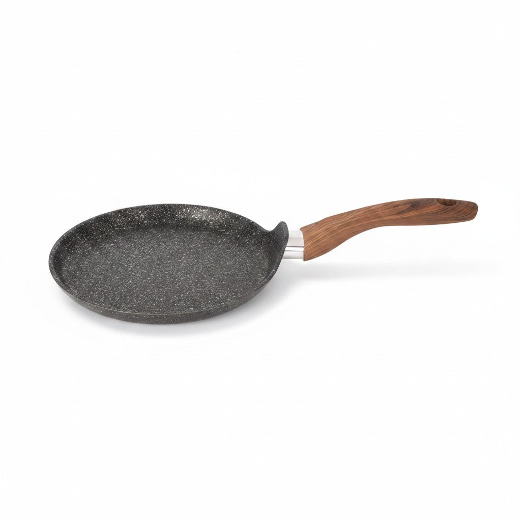 Asia Trade 20cm Granit Ultra pancake pan with a non-stick speckled grey surface and a wooden effect handle.