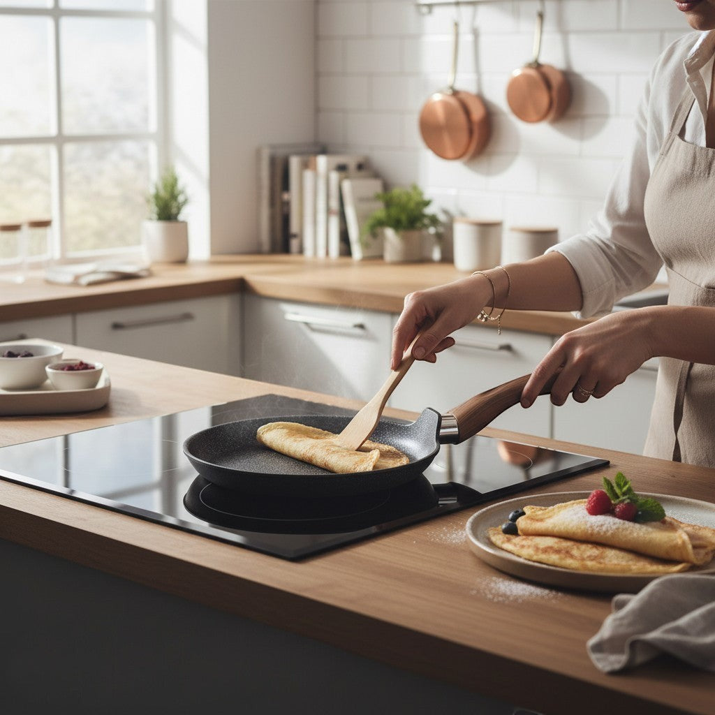 Asia Trade 20cm Granit Ultra non-stick pancake pan on an induction stovetop with a wooden handle