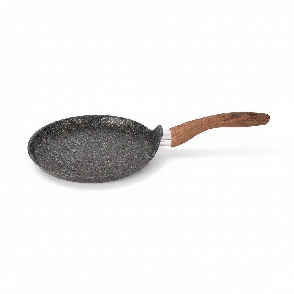 Asia Trade 20cm Granit Ultra pancake pan with a non-stick speckled grey surface and a wooden effect handle.