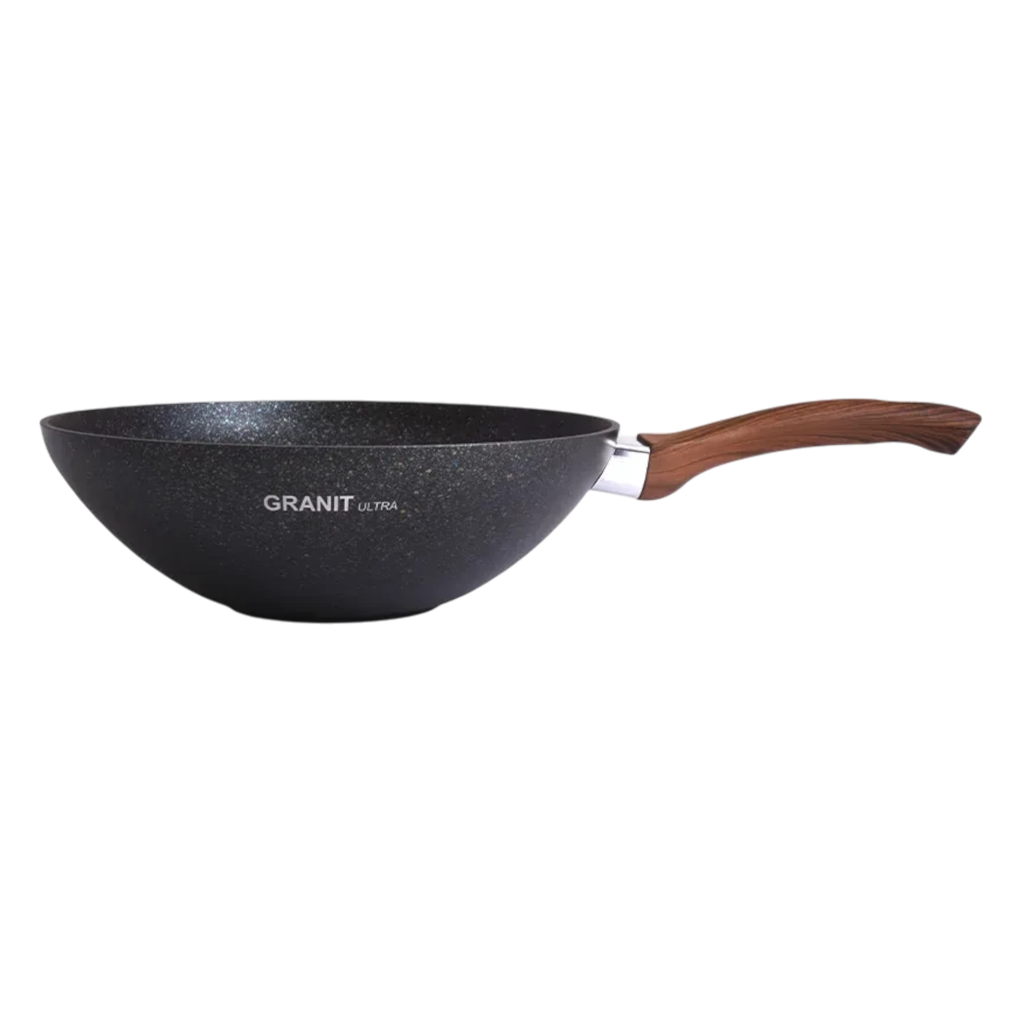 Asia Trade GRANIT ULTRA 28cm non-stick wok pan with a speckled black finish and ergonomic wood-effect handle.