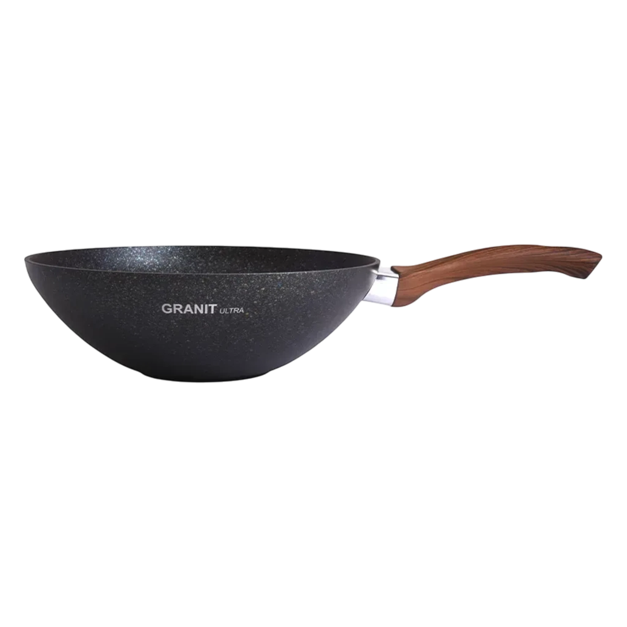 Asia Trade GRANIT ULTRA 28cm non-stick wok pan with a speckled black finish and ergonomic wood-effect handle.