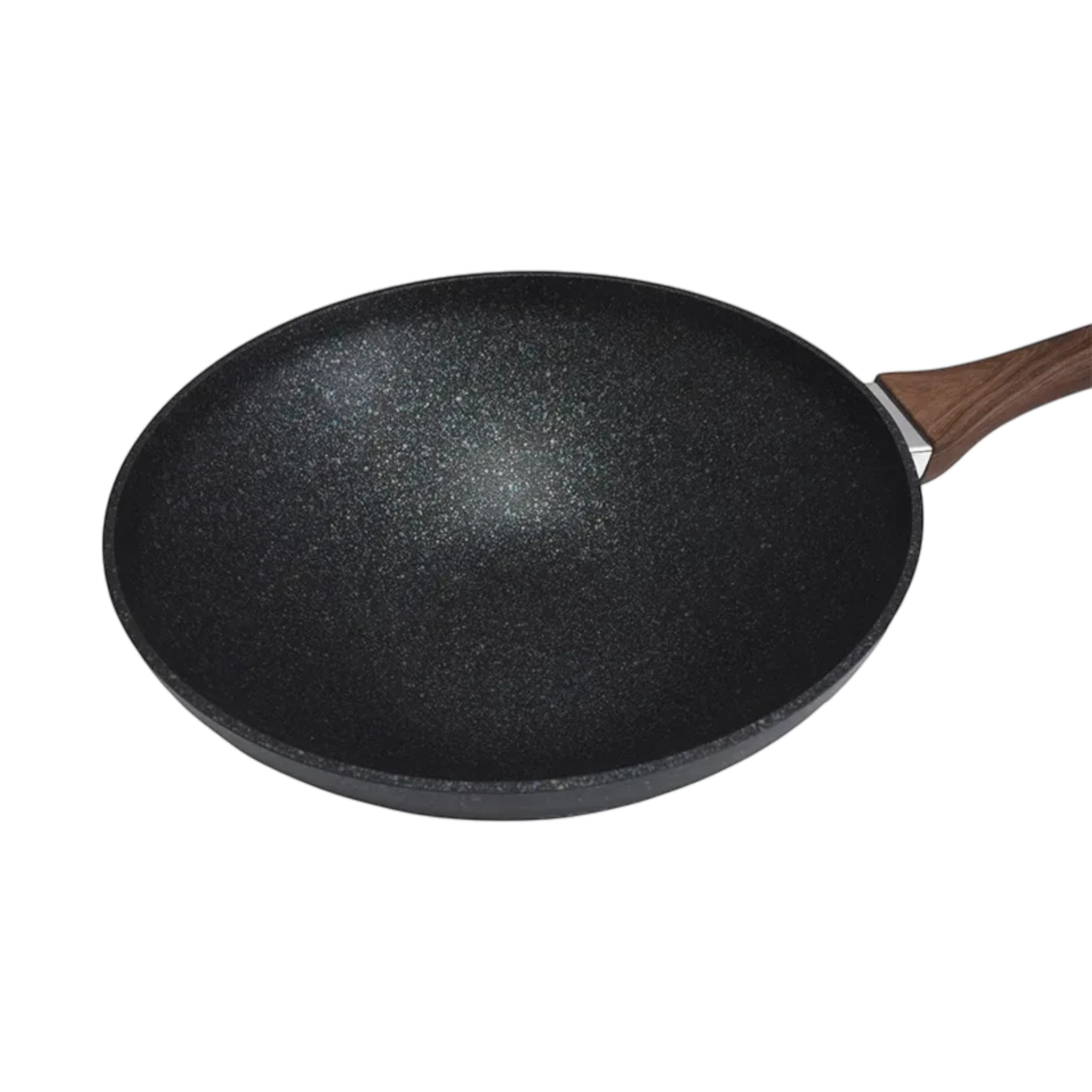 Asia Trade 28cm Granit Ultra wok pan with a black speckled non-stick surface and a wooden effect handle.