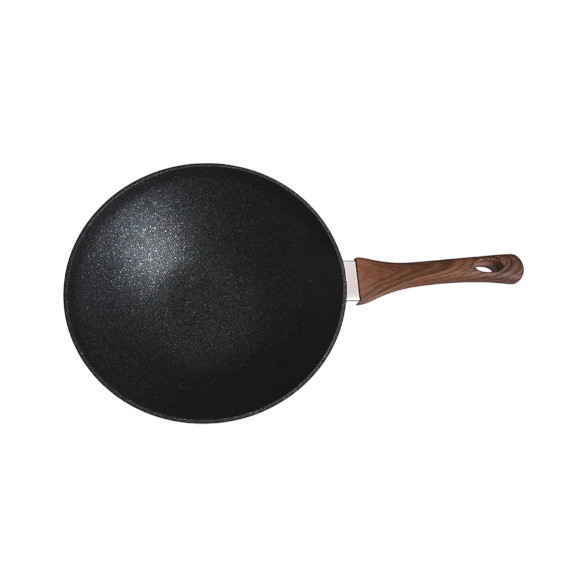 Asia Trade 28cm Granit Ultra wok pan with a black non-stick speckled surface and a wooden effect handle