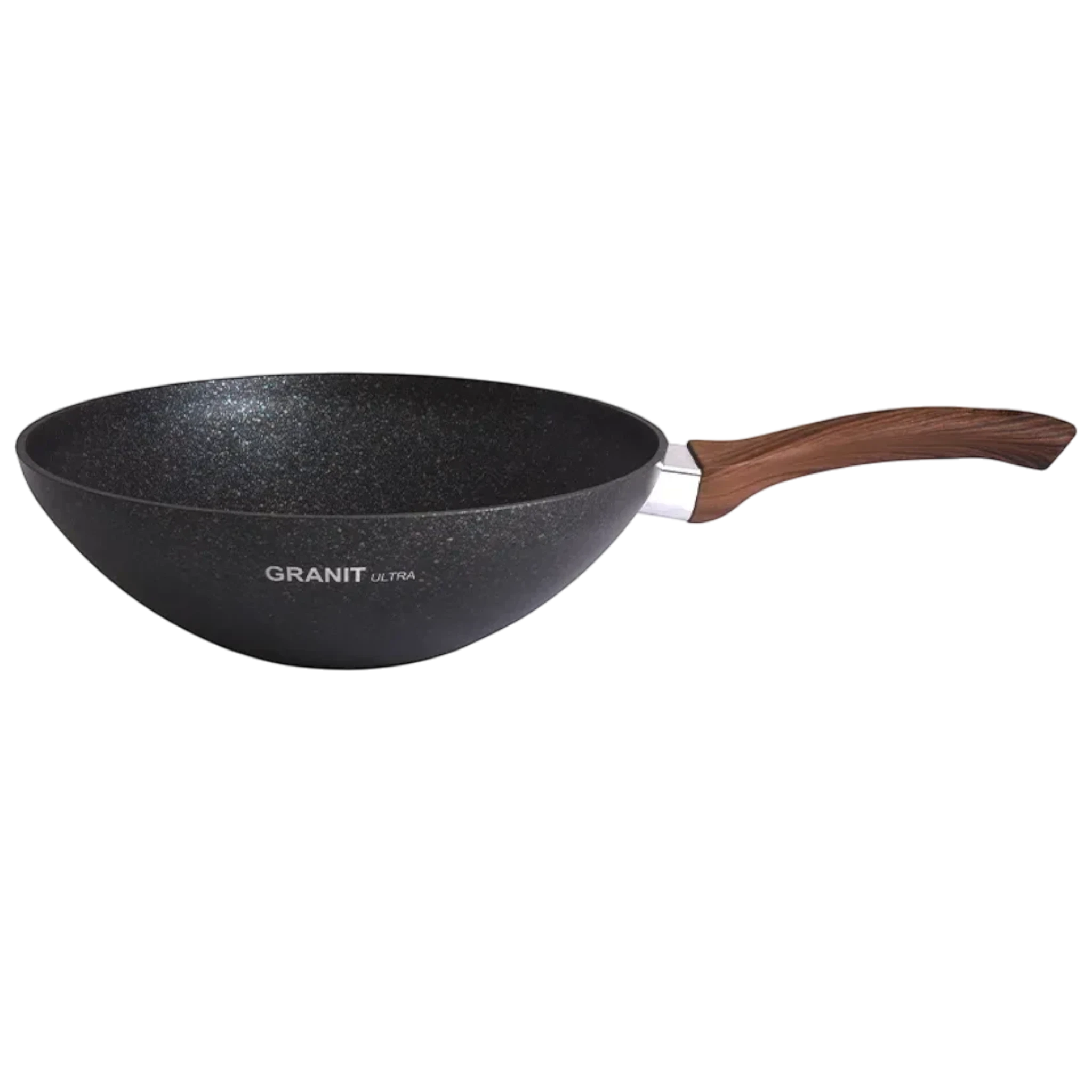 Asia Trade 28cm Granit Ultra wok pan with a black speckled non-stick surface and a wood-effect handle.