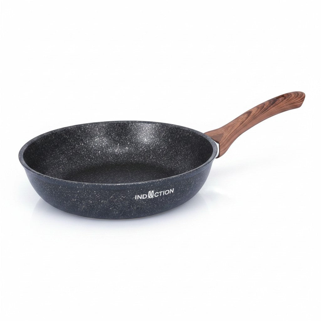 Asia Trade 28cm cast aluminium non-stick frying pan with granite coating and detachable wood-effect handle