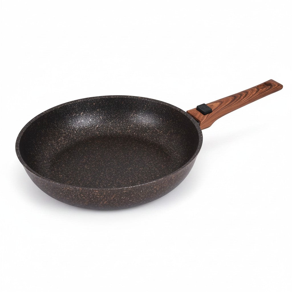 Asia Trade 28cm cast aluminum non-stick frying pan with granite coating and a detachable wood-effect handle
