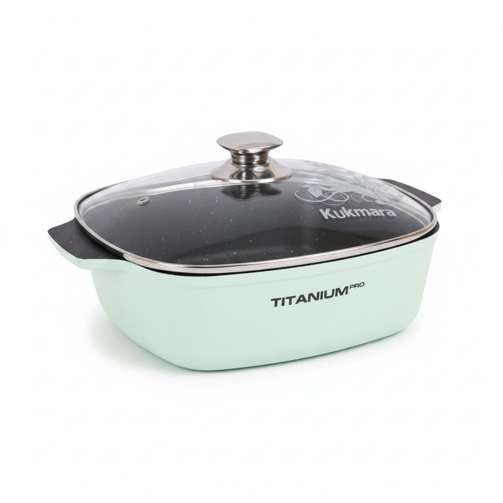 Asia Trade Titanium Pro 5L square green aluminum saute pot with non-stick coating and glass lid