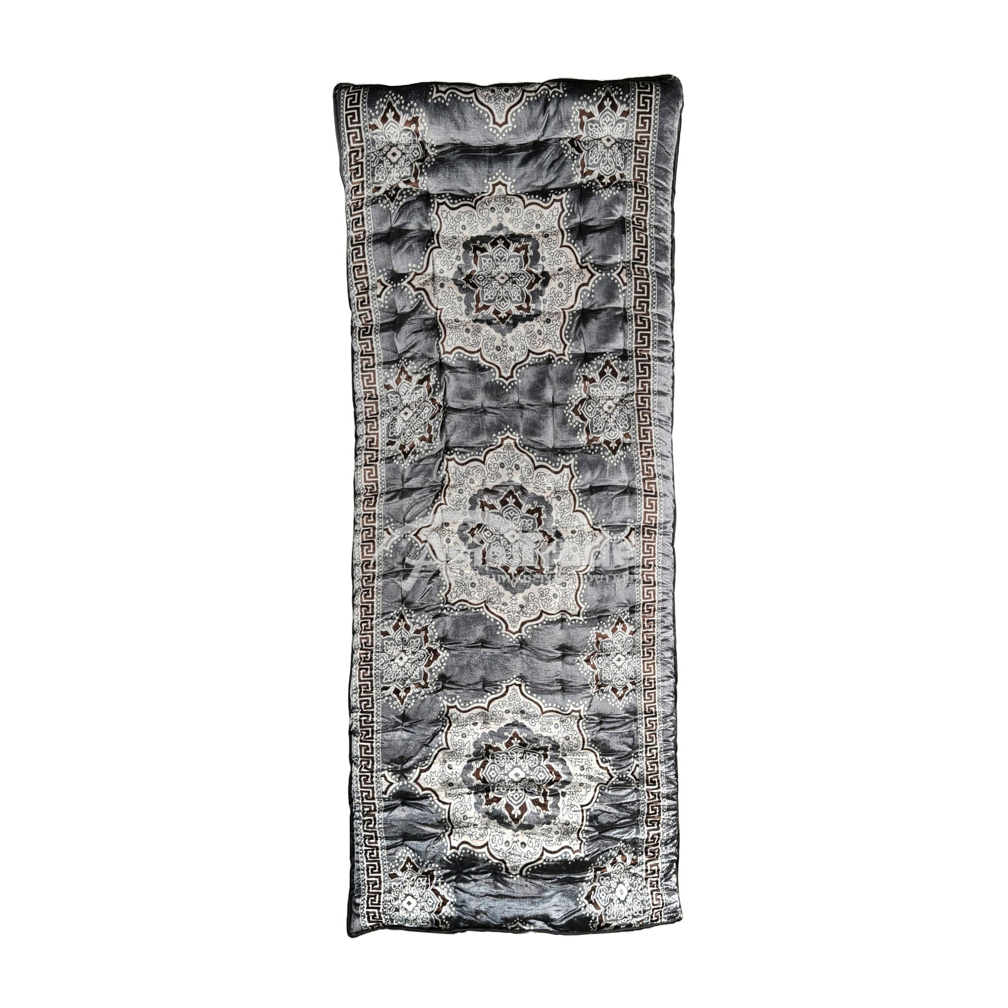 Asia Trade grey Uzbek Korpacha floor mattress featuring traditional intricate floral patterns and quilted texture.