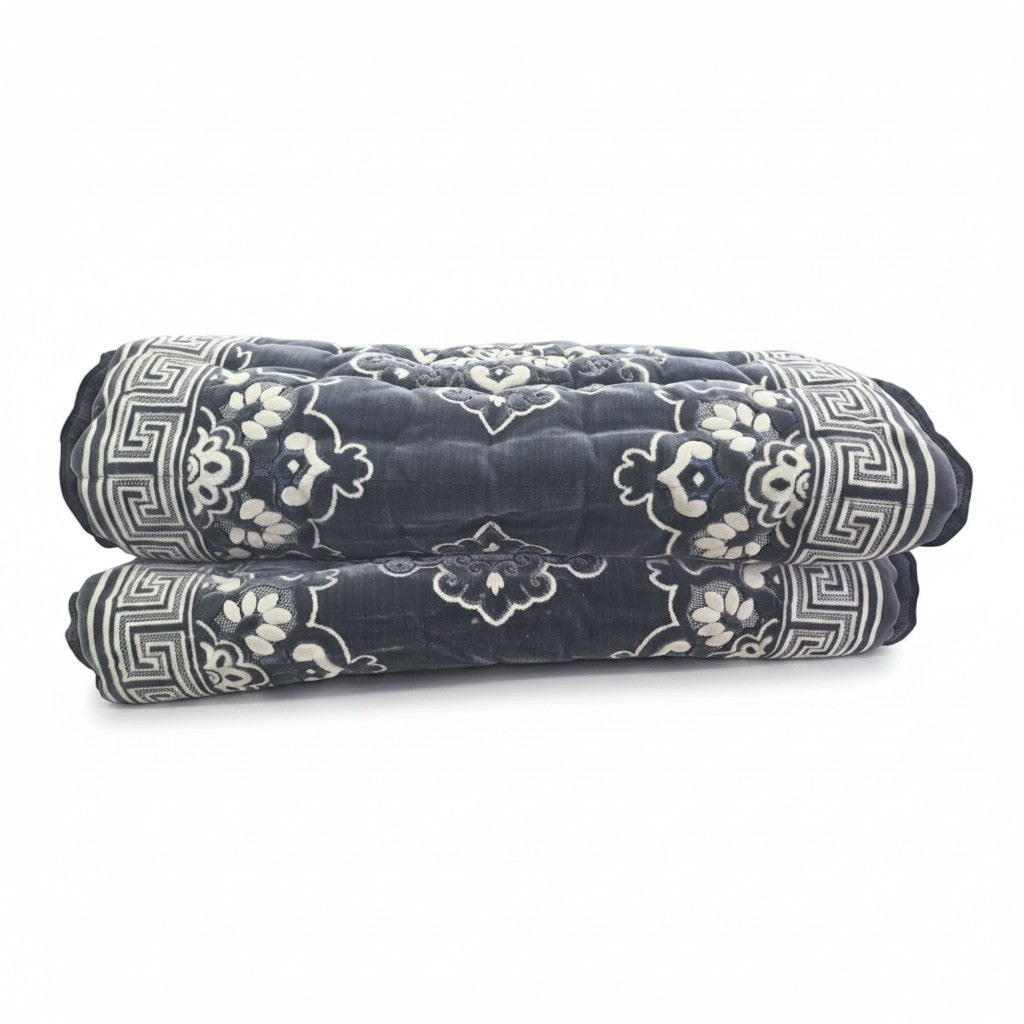 Asia Trade grey velvet Korpacha Uzbek floor mattress with traditional floral patterns and geometric border