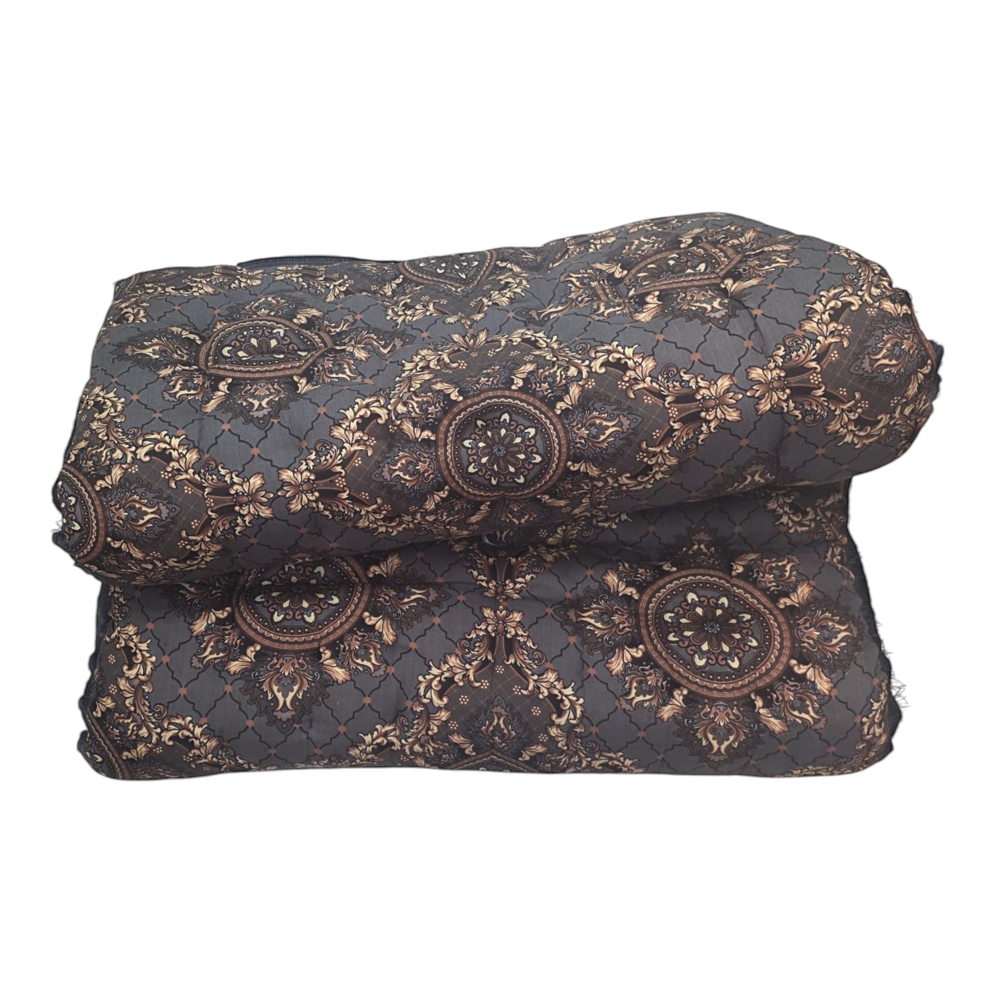 Asia Trade grey velvet Korpacha Uzbek floor mattress with traditional ornate floral patterns and cotton filling.