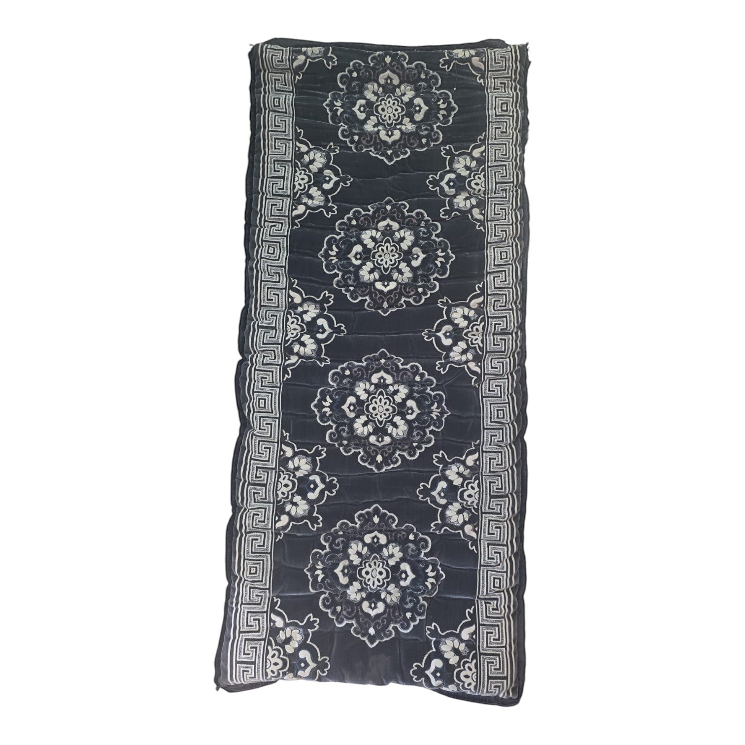 Asia Trade grey velvet Uzbek Korpacha mattress with traditional floral patterns and geometric border