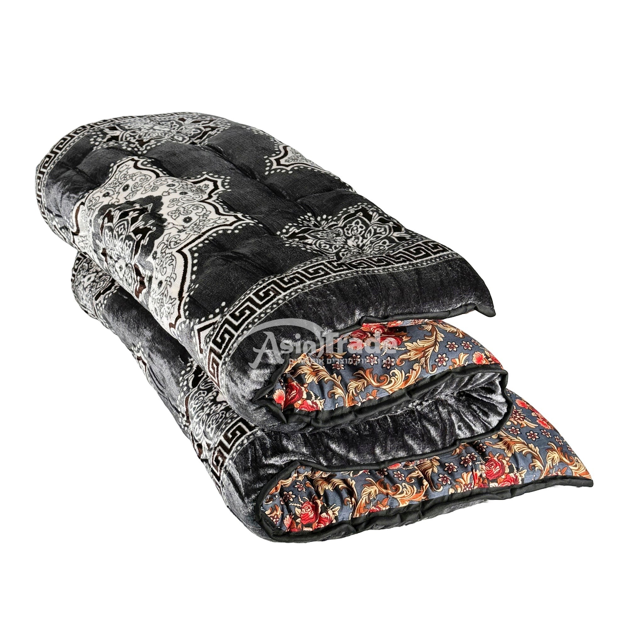 Asia Trade grey velvet Korpacha Uzbek mattress with traditional floral and geometric patterns