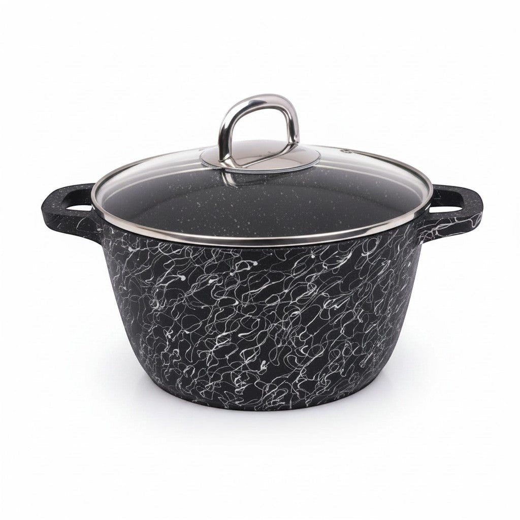 Asia Trade Grezia 4.5L cast aluminum non-stick pot with a black marble pattern and glass lid