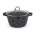 Asia Trade Grezia 4.5L cast aluminum non-stick pot with a black marble pattern and glass lid