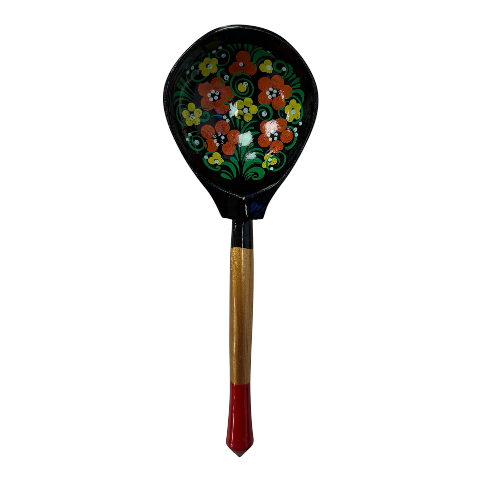 Asia Trade handcrafted wooden spoon with traditional black floral folk art painting and red and gold handle