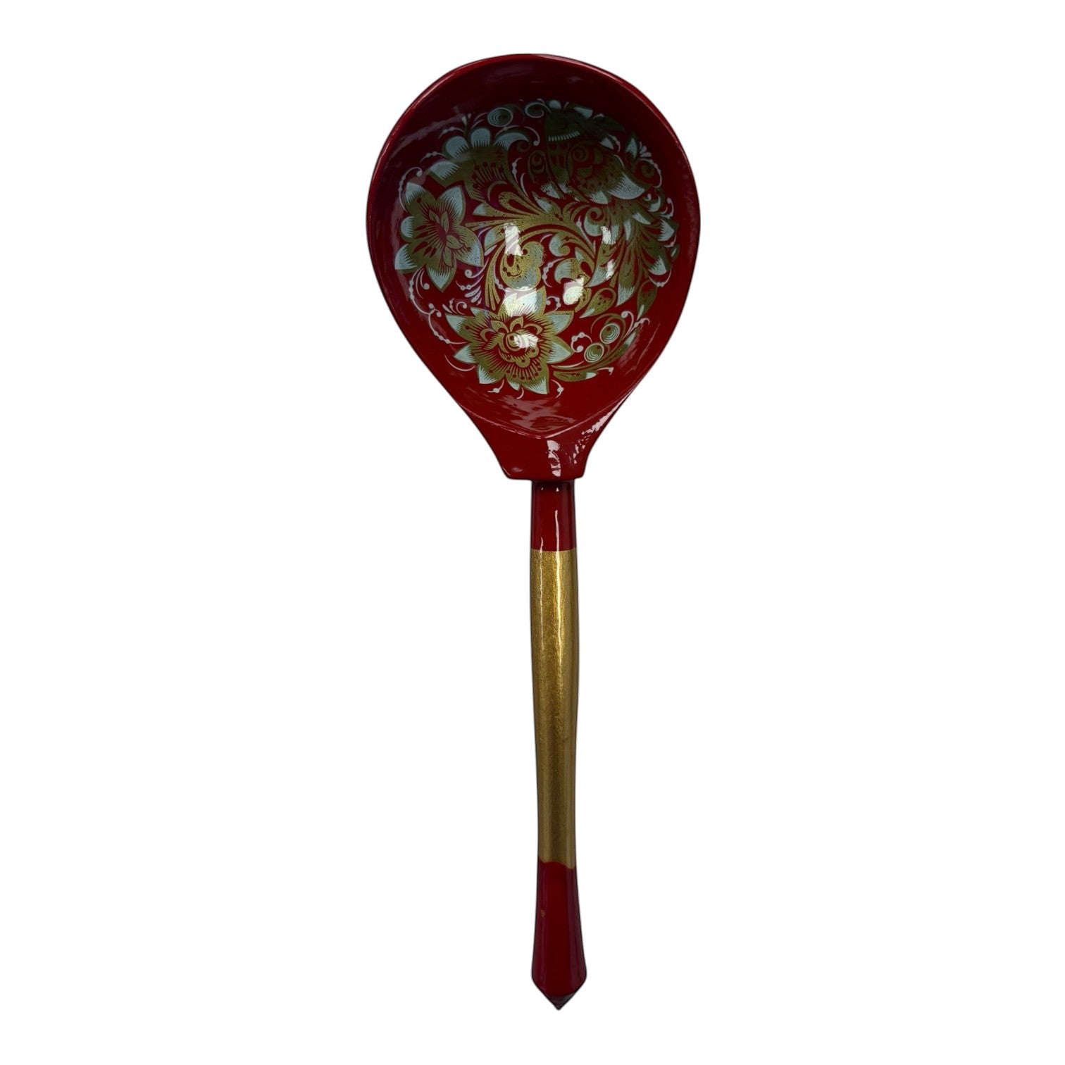 Asia Trade handcrafted wooden spoon featuring a red bowl with intricate floral gold patterns and a gold handle