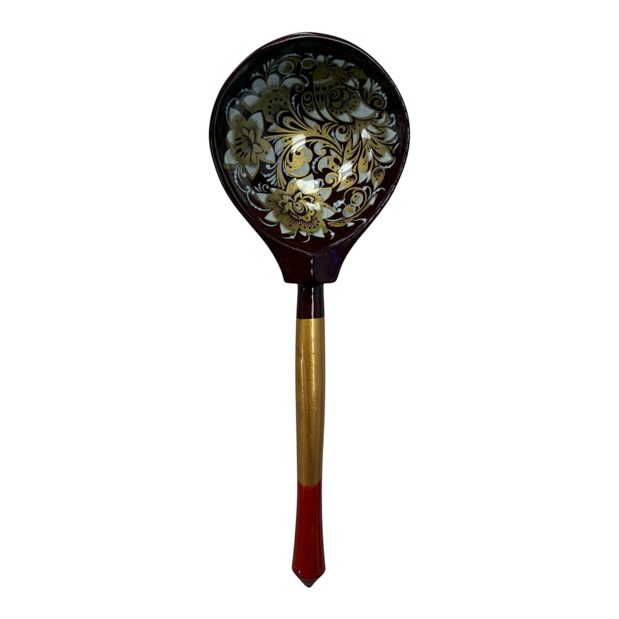 Asia Trade handcrafted wooden spoon featuring intricate gold and white floral patterns on a dark brown background