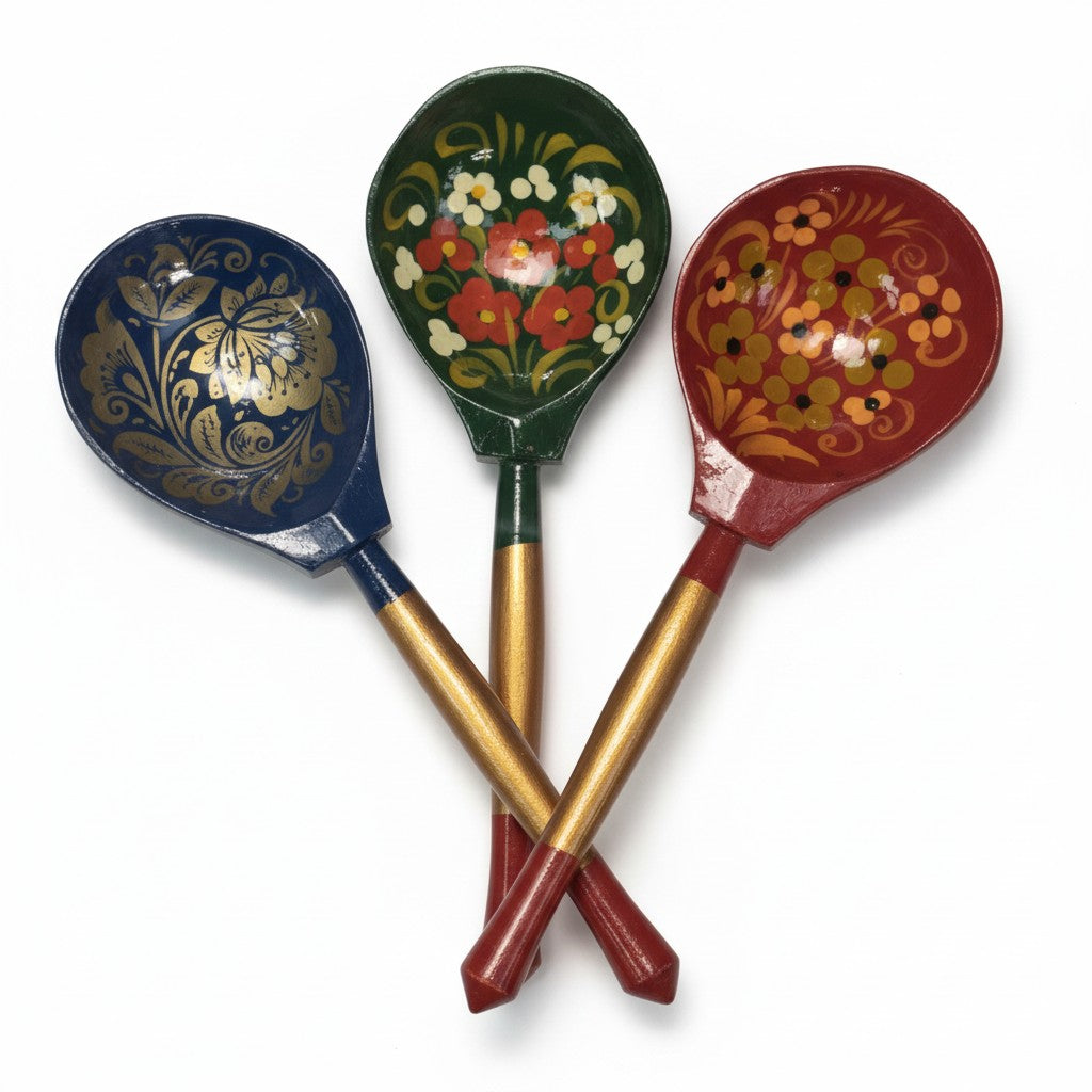 Asia Trade handcrafted traditional wooden spoons with colorful floral patterns in blue, green, and red