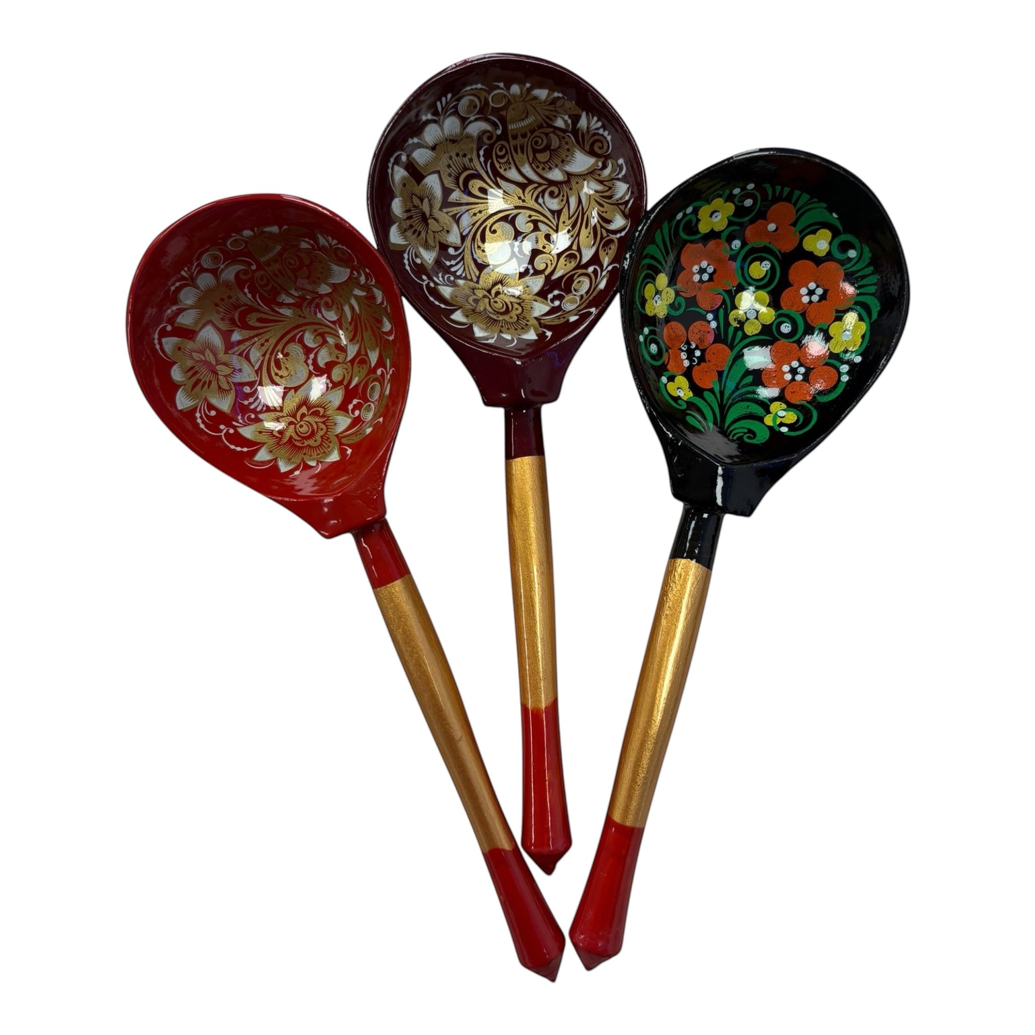 Asia Trade handcrafted wooden spoons with traditional floral patterns in red, black, and gold lacquer finish