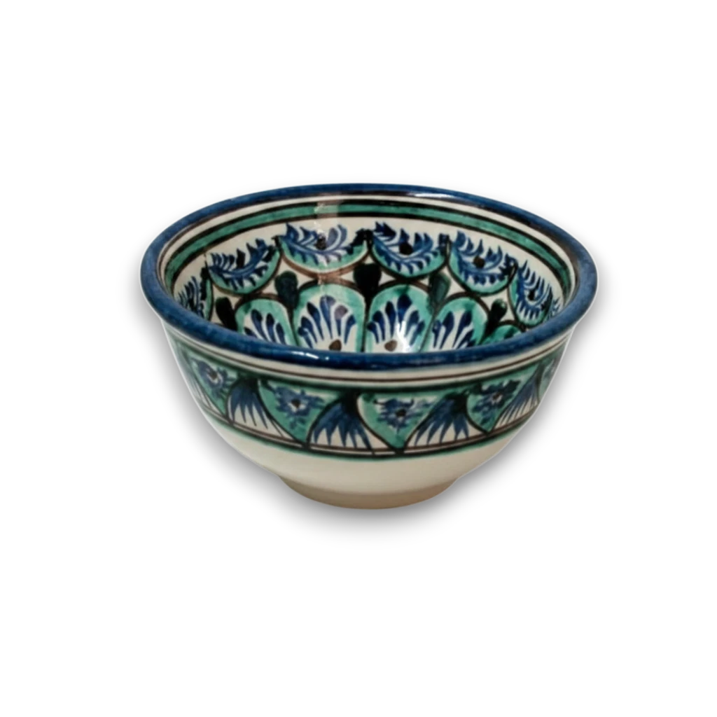Asia Trade handmade ceramic soup bowl from Uzbekistan with blue and green floral patterns, 175mm diameter.