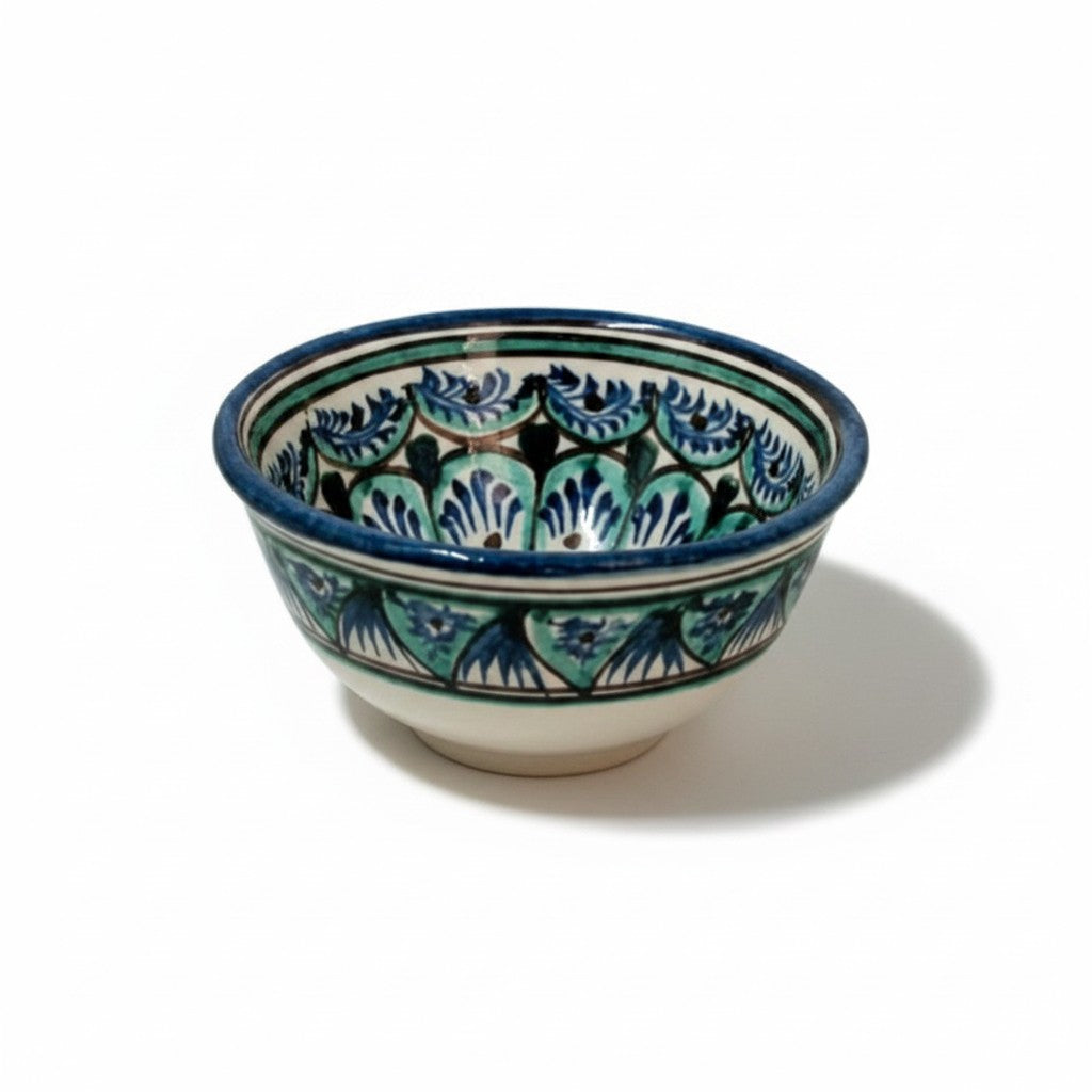 Asia Trade handmade ceramic soup bowl from Uzbekistan with blue and green floral patterns, 175mm diameter.
