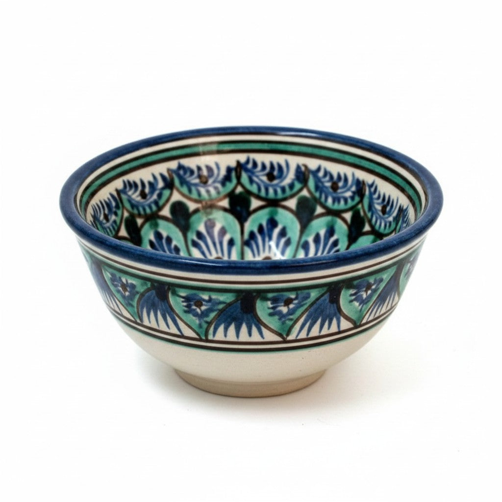 Asia Trade handmade clay tea bowl from Uzbekistan, 110mm diameter with blue and green floral pattern.