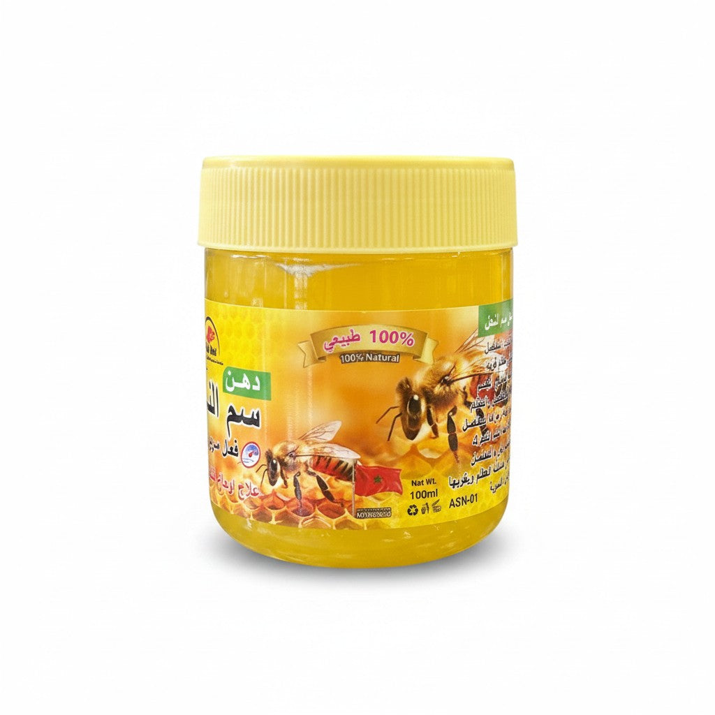 Asia Trade 100% natural honey-based muscle relief ointment in a 100ml jar with bee and honeycomb label design