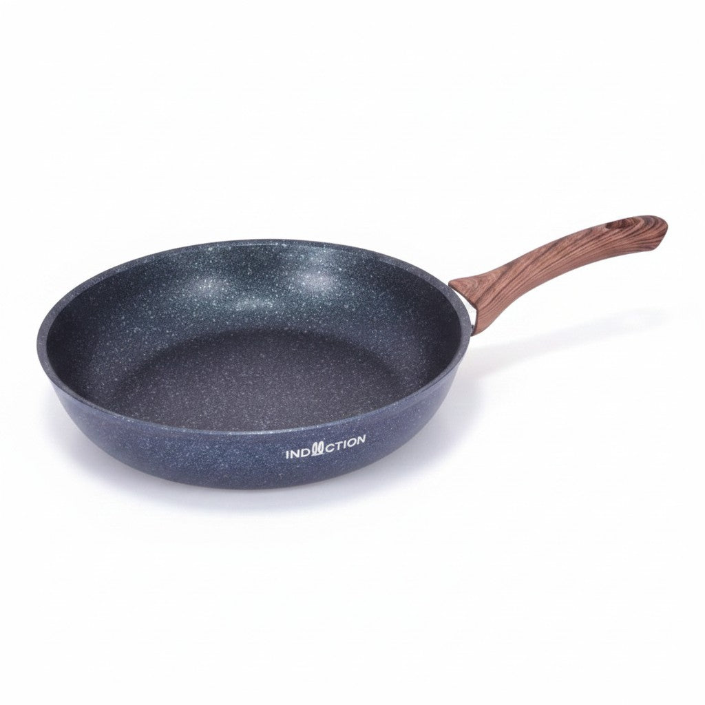 Asia Trade 28cm induction frying pan with blue granite non-stick coating and a wood-effect handle.