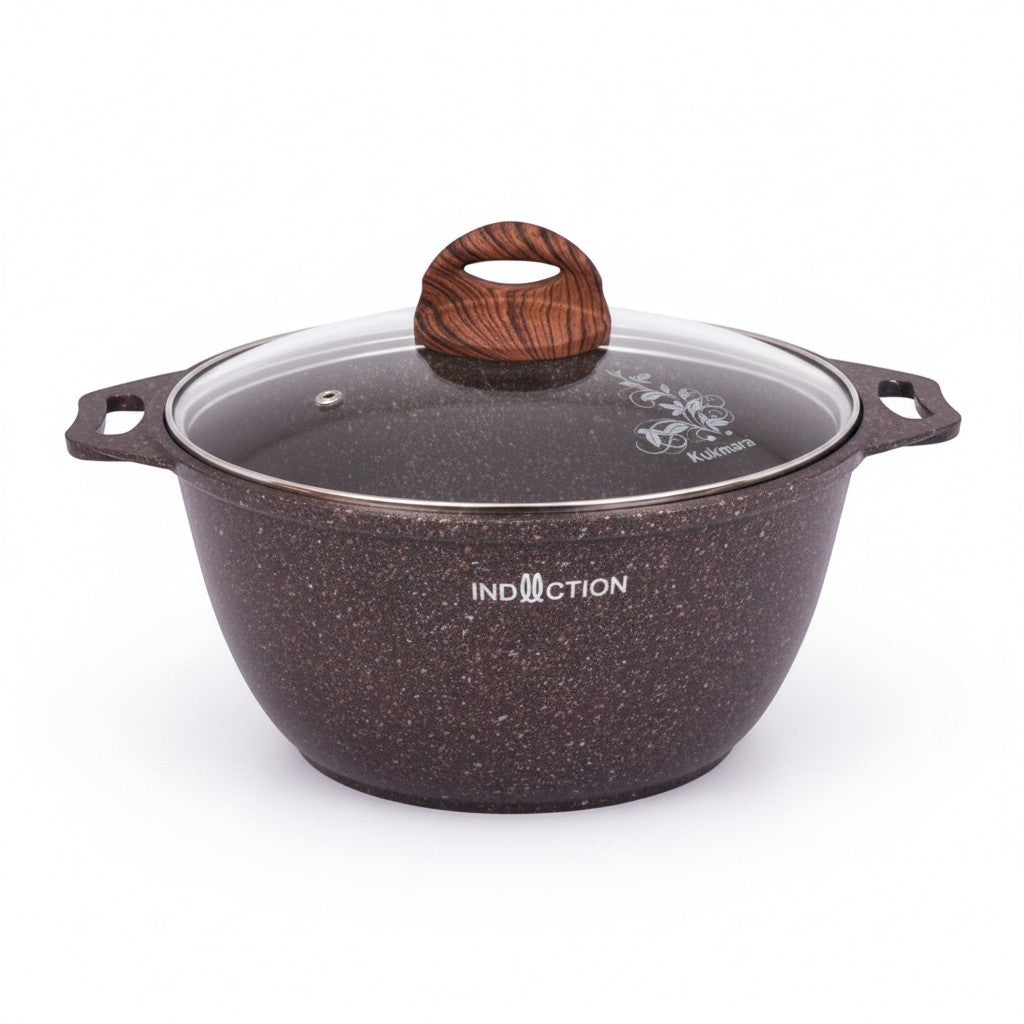 Asia Trade 3-liter cast aluminum induction pot with non-stick granite coating, glass lid, and wood-effect handle.