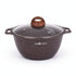 Asia Trade 3-liter cast aluminum induction pot with non-stick granite coating, glass lid, and wood-effect handle.