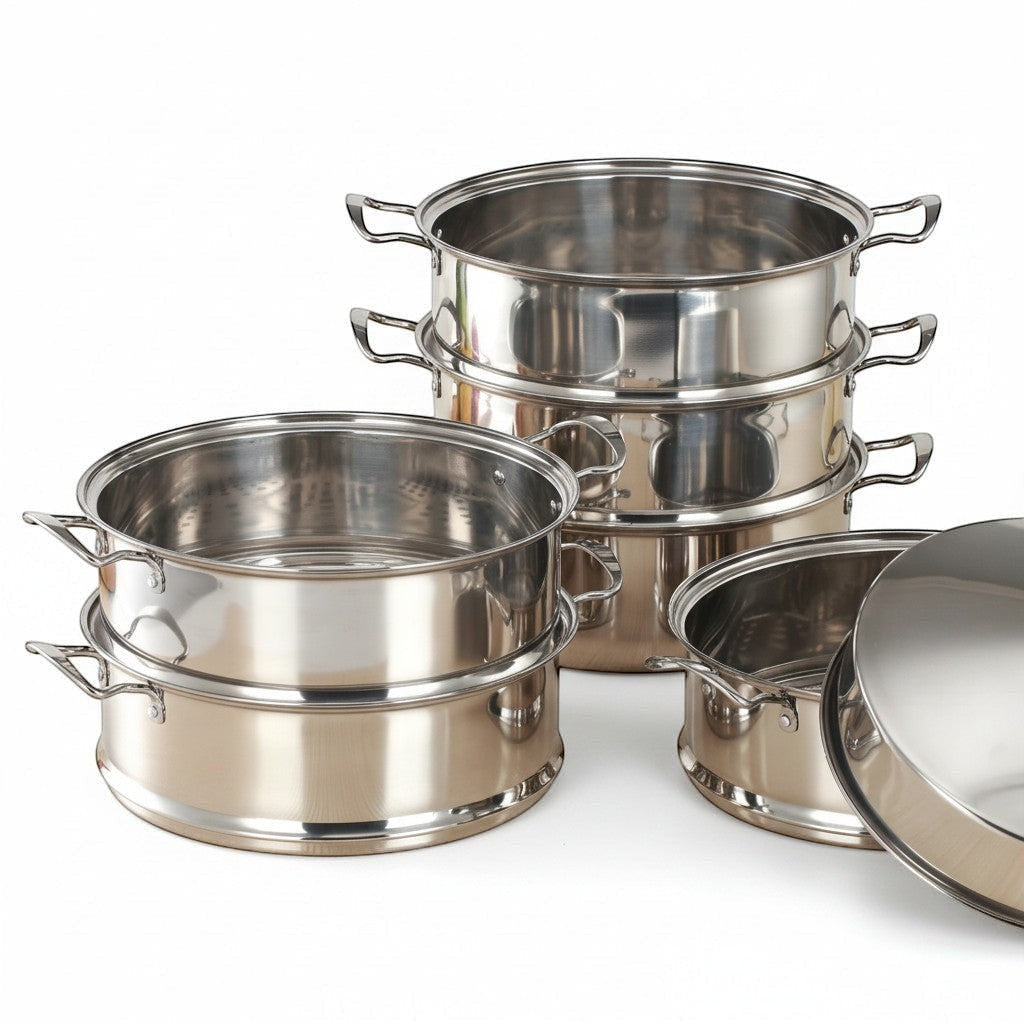 Asia Trade 48cm industrial stainless steel steamer pot set with multiple stackable tiers and lid