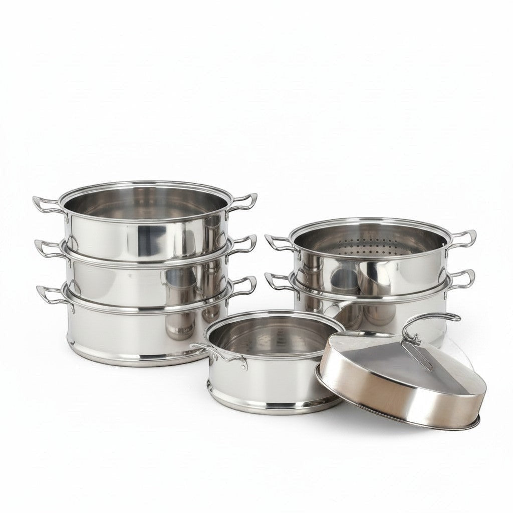 Asia Trade 54cm stainless steel industrial steamer pot set with multiple stackable tiers and a lid