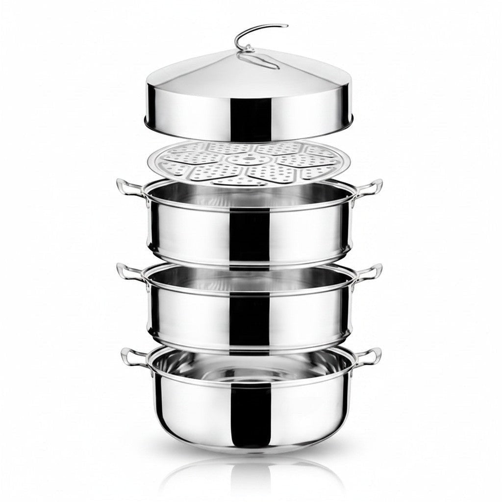Asia Trade 54cm stainless steel industrial steamer pot with multiple stackable tiers and a lid for dim sum