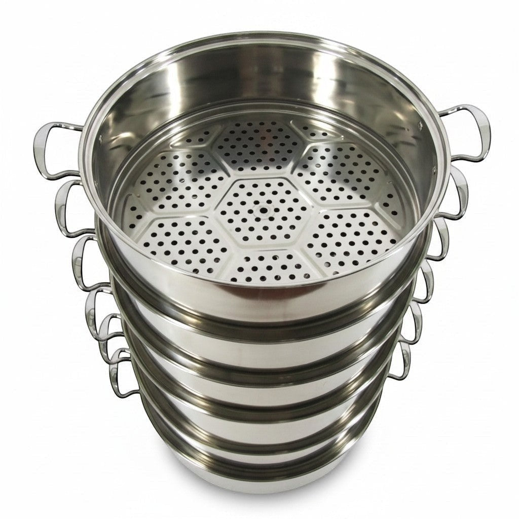 Asia Trade 48cm stainless steel industrial steamer pot with stacked perforated trays for commercial cooking