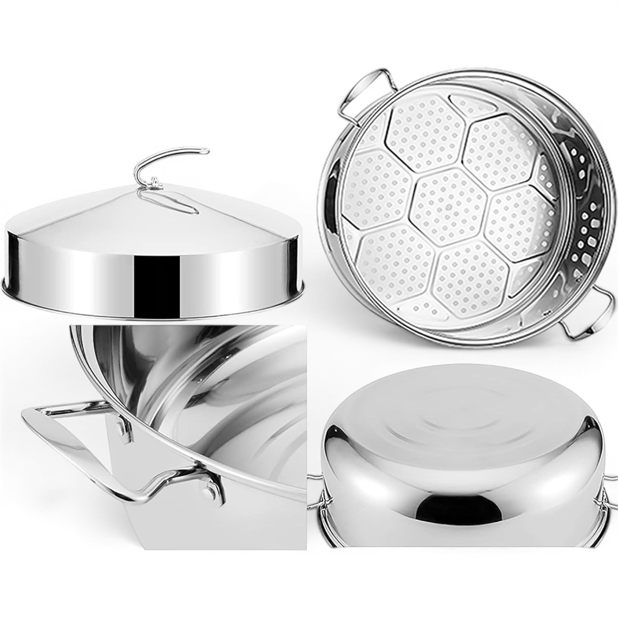 Asia Trade 48cm stainless steel industrial steamer pot with perforated hexagonal tray, lid, and sturdy side handles.