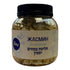 Asia Trade jasmine herbal tea infusion in a clear plastic jar with a black lid and floral label