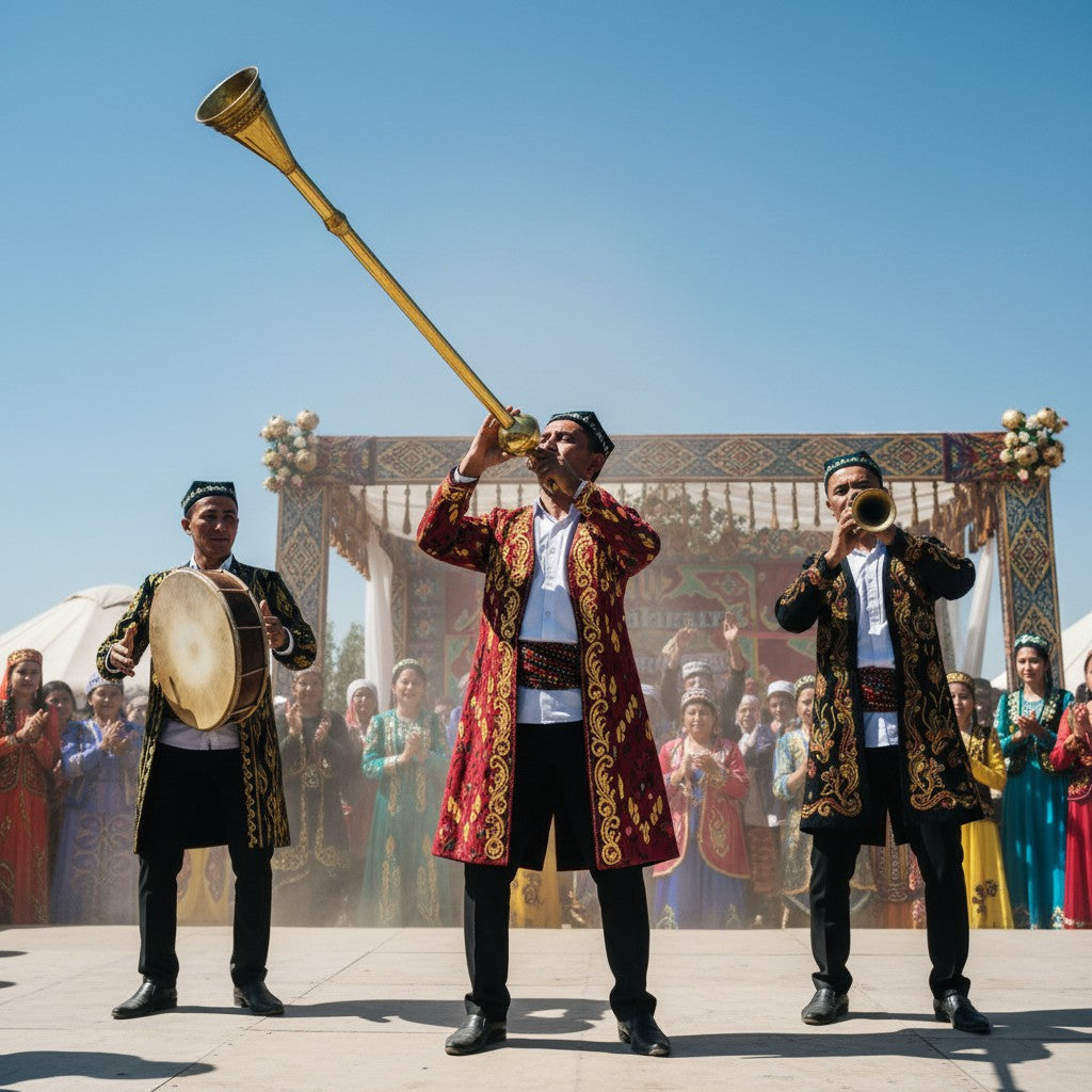 Asia Trade performers in traditional Uzbek attire playing a long golden karnay trumpet and drum at an outdoor event.