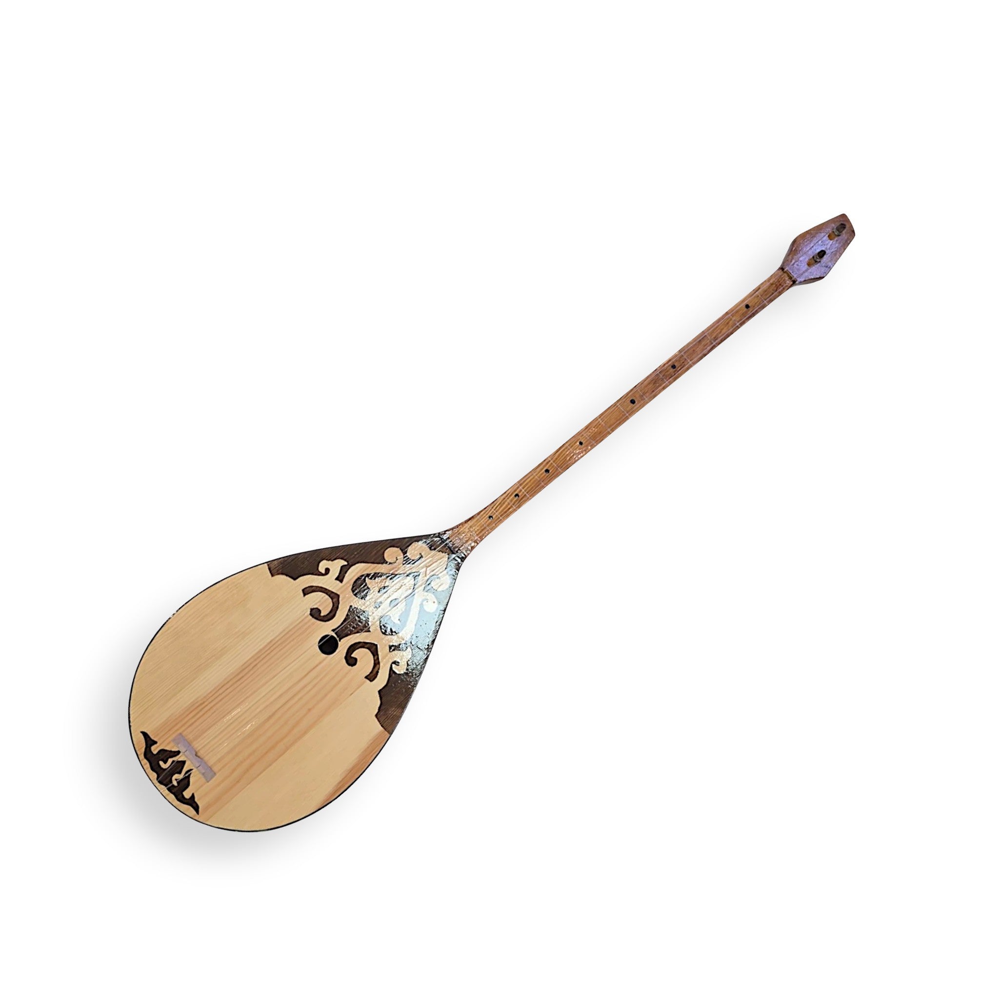 Asia Trade traditional Kazakh dombra string instrument with ornate wooden inlay on a light wood body