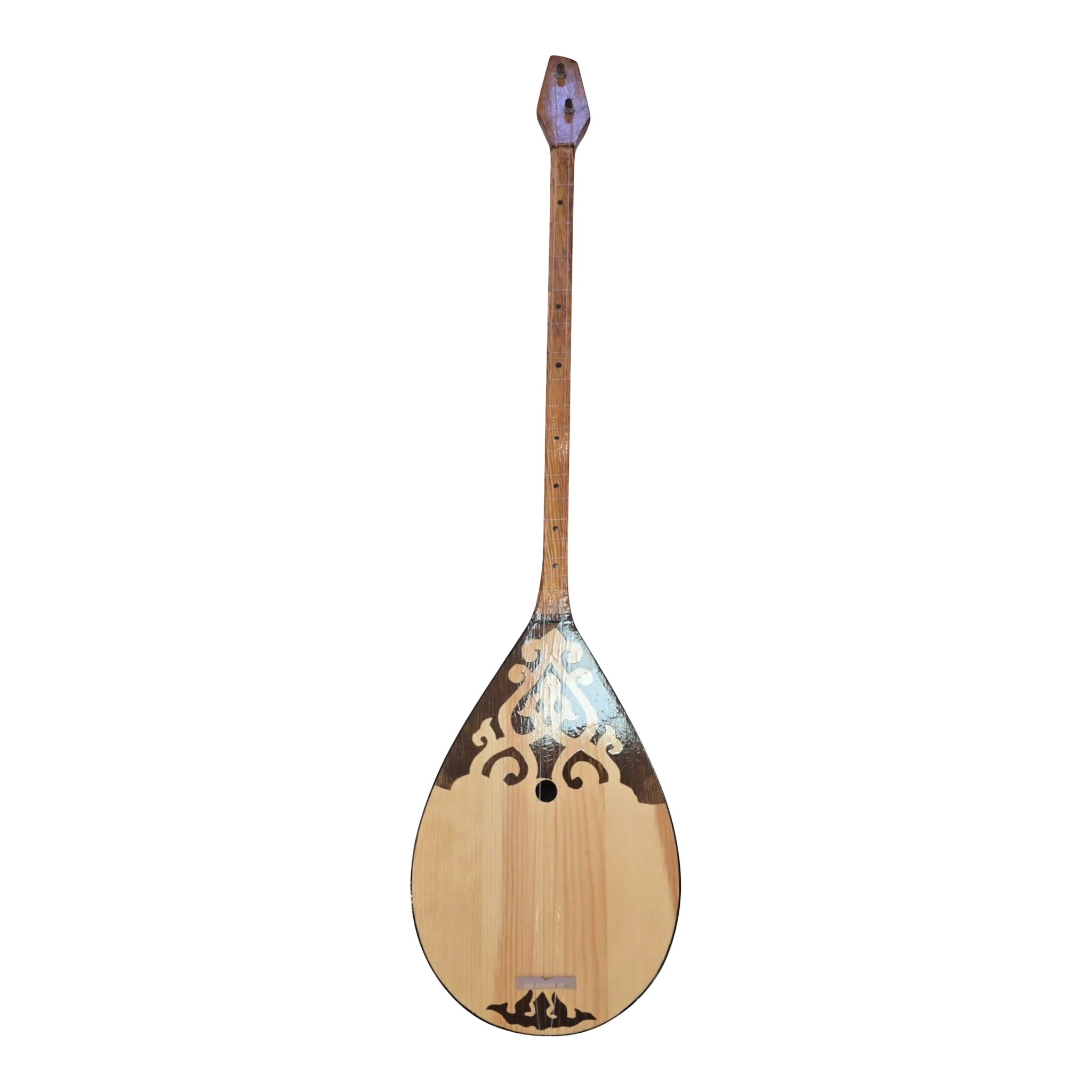 Asia Trade traditional Kazakh dombra string instrument with a long wooden neck and ornate carved soundboard
